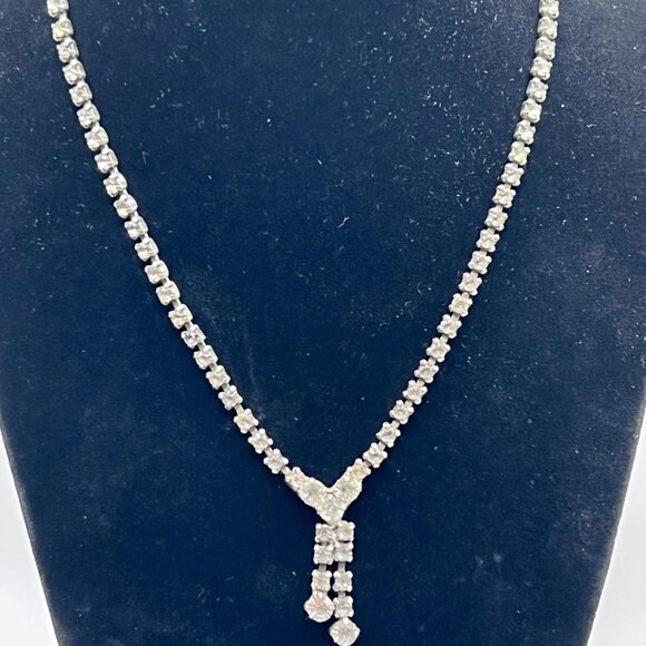 Vintage 1950s Clear Glass Rhinestone drop Necklace 16” Evening Wedding Jewelry - Picture 3 of 6